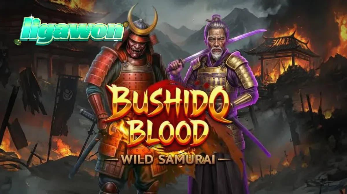 Prajurit samurai berdiri di depan gerbang kuil dalam slot Bushido Blood